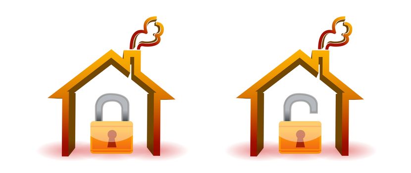 safe and unsafe house icons isolated over a white background