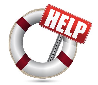 Lifebuoy with red help sign over white background