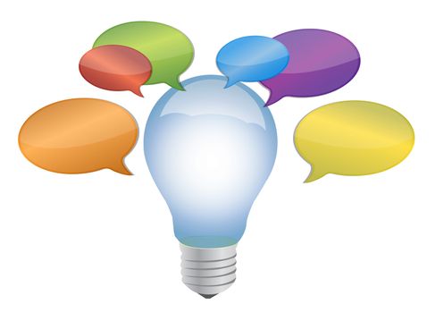 lightbulb with message bubbles around it over white