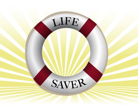 Life preserver over sun rays background.