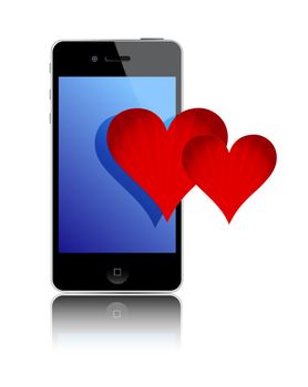 Smartphone and love hearts over a white background