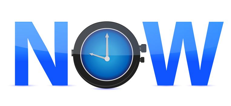 word Now with a clock in the letter O