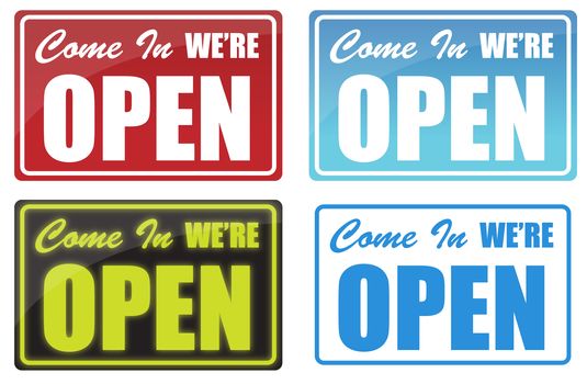 Various Come In We're Open sign. neon, blue, red.