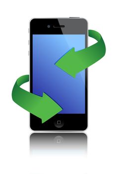 illustration, black mobile phone and green arrows design