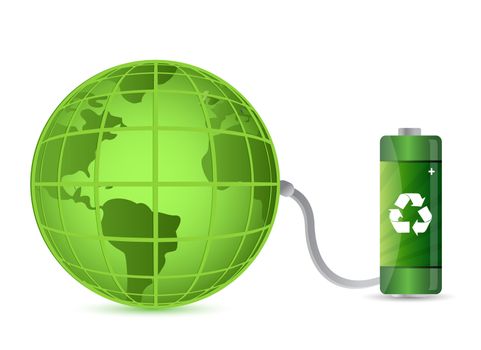 green battery with earth globe isolated on white background