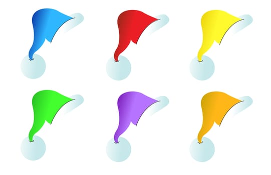 Santa hats in different colors over a white background
