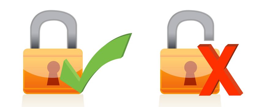 Icons of padlock with check and xmark