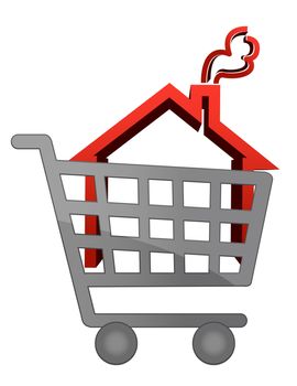 An illustration of a shopping cart trolley with house