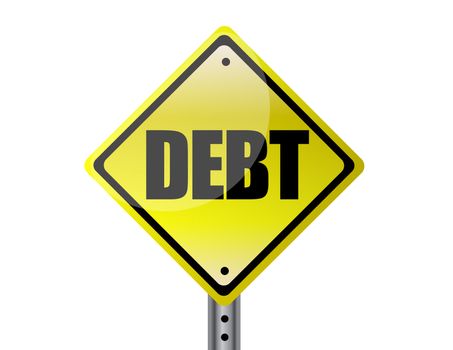 Debt Yellow street sign isolated over white