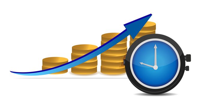 stopwatch with coins and arrow