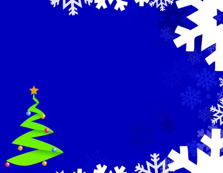 Blue background with snowflakes and christmas tree