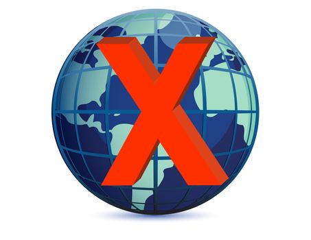 World globe and x mark over a white background