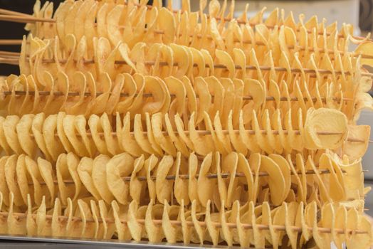 Spiral potatoes fried, on wooden sticks. Spiral potato snack