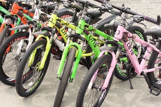 NAKHODKA, RUSSIA - May 16, 2018: Row of bicycles for sale Bicycle shop