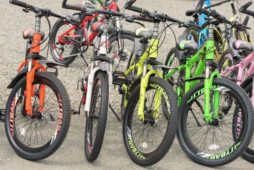 NAKHODKA, RUSSIA - May 16, 2018: Row of bicycles for sale Bicycle shop