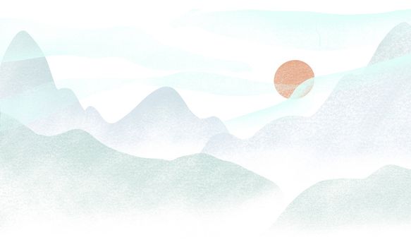 Digital paint of mountain view in the morning. East Asian style illustration. Design for travel advertising, banners, flyers, cards, postcards.