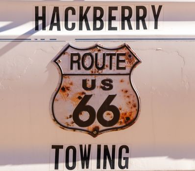 Hackberry, United States, November 2013: Hackberry towing on route us 66 logo on the side of a truck