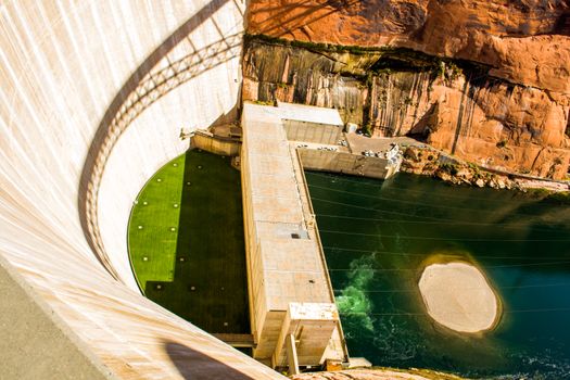 Lake Powell, Page, Arizona November 2013: High angle view of the arch-gravity Glen Canyon dam used for electricity generation on the Colorado River