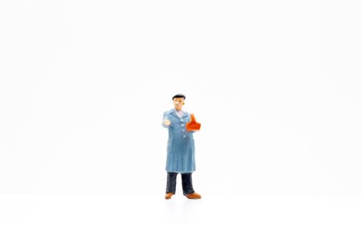 Miniature people standing on white background and space for text