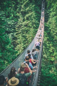 People moving along Capilano Suspension Bridge, Canada.