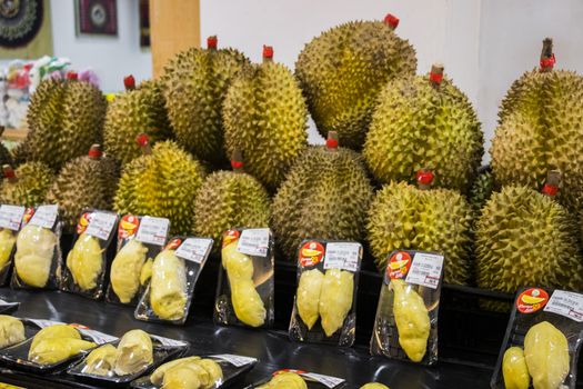 Smelly Durain fruit on the market in a supermarket on Phuket in Thailand.