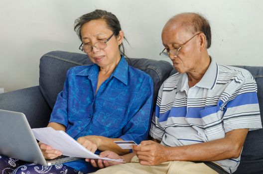 Seniors woman and man looking business documents computer and credit card.
