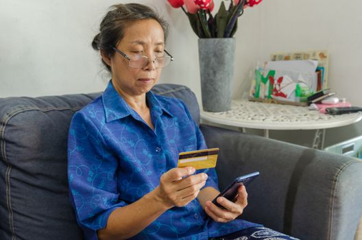 Portrait of a senior Asian woman holding mobile phone and credit cards shopping online.