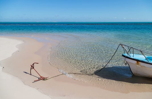 Boat at Magaruque island formerly Ilha Santa Isabel is part of the Bazaruto Archipelago off the coast of Mozambique.