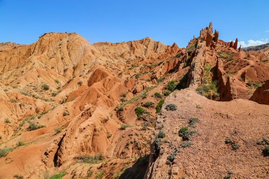 Red sandstone rock formations Seven bulls and Broken heart, Jeti Oguz canyon in Kyrgyzstan, Issyk-Kul region, Central Asia