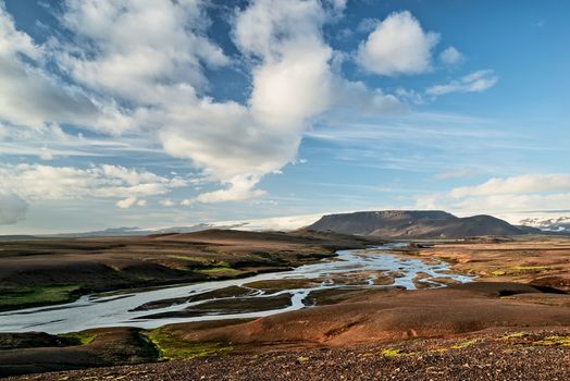 River and mountains near Kerlingarfjoll geothermal area in a summer day, Iceland