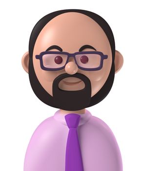 Cartoon character 3d avatar middle age happy bald caucasian man with full beard isolated on white