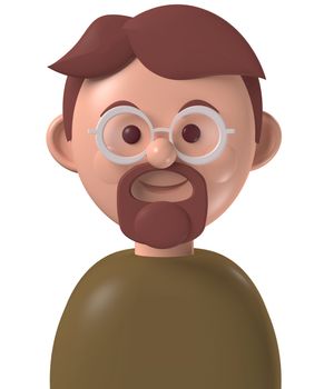 Cartoon character 3d avatar middle age happy caucasian man with beard and glasses, isolated on white