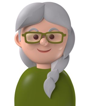 Cartoon character 3d avatar old grey haired caucasian woman isolated on white