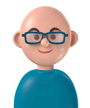 Cartoon character 3d avatar happy young bald white man with glasses, isolated on white