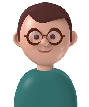 Cartoon character 3d avatar happy young man with brown hair and glasses, isolated on white