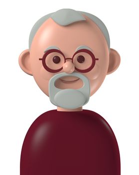 Cartoon character 3d avatar happy older caucasian man with grey beard, isolated on white background