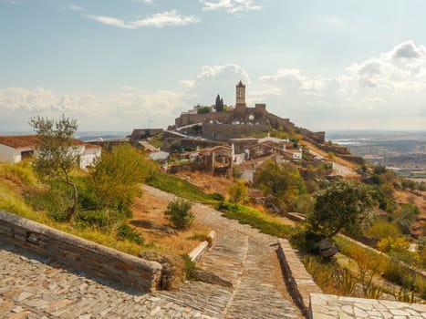 Monsaraz, Alentejo, Portugal village view with surrounding landscape and nature. Travel and tourism.