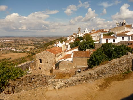 Monsaraz, Alentejo, Portugal village view with surrounding landscape and nature. Travel and tourism.