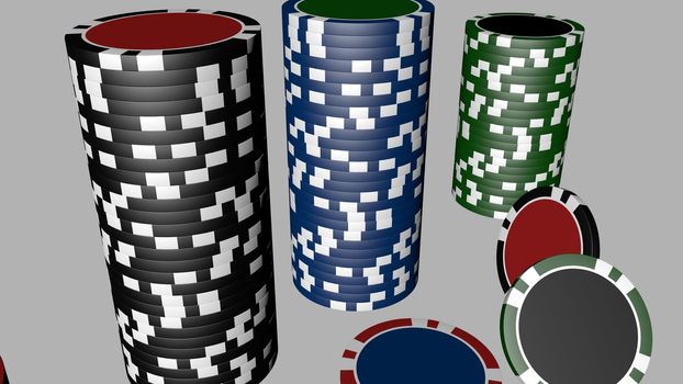 Set of poker chips of different colors and composition isolated on white background.
