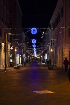 terni,italy december 20 2019:Christmas decorations in the city with light strips and projections