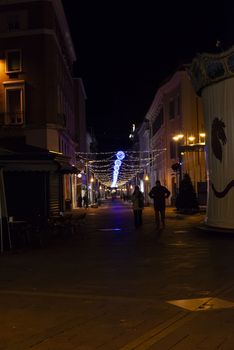 terni,italy december 20 2019:Christmas decorations in the city with light strips and projections