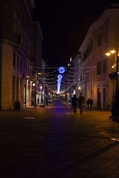 terni,italy december 20 2019:Christmas decorations in the city with light strips and projections