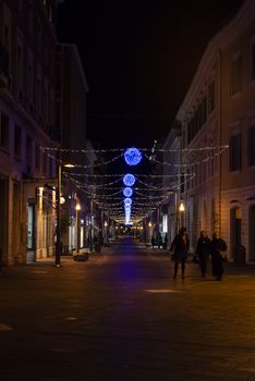 terni,italy december 20 2019:Christmas decorations in the city with light strips and projections