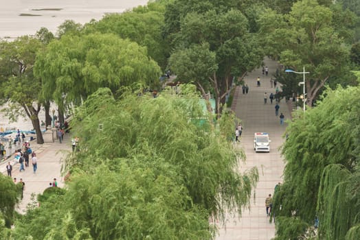 Harbin, Heilongjiang, China - September 2018: Street with green trees. View of a pedestrian street.