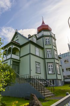 Reykjavik, Iceland July 2019: historical wooden house downtown Reykjavik, Iceland