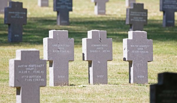 Luxembourg, Luxembourg on July 21, 2020; Graves in the Sandweiler German war Cemetery in Luxembourg