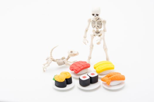 Skeleton, dog and foods, enjoy eating until death with Japanese foods.