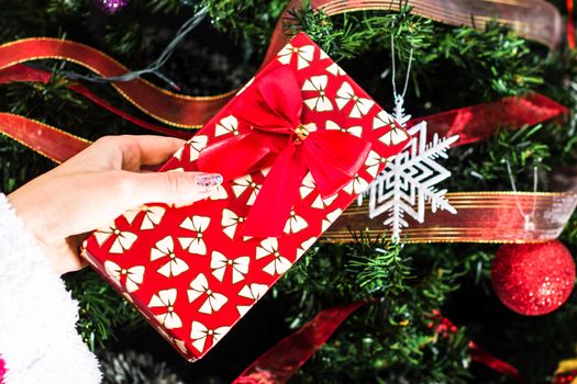 Hand holding present gift box in front of the Chhristmas tree.