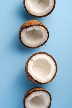 Coconut fruits in row on blue vibrant plain background, abstract food tropical concept, top view