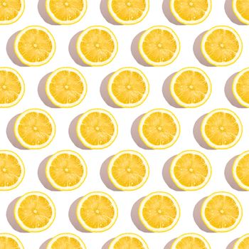 Lemon citrus fruits seamless pattern on white isolated background, tropical fresh juicy slices